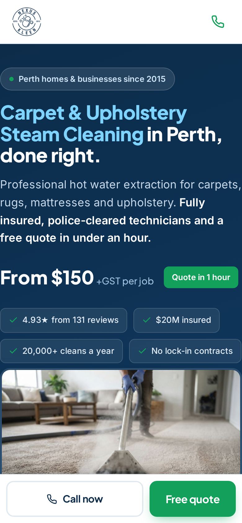Homepage of nexuscarpetcleaning.com.au on mobile